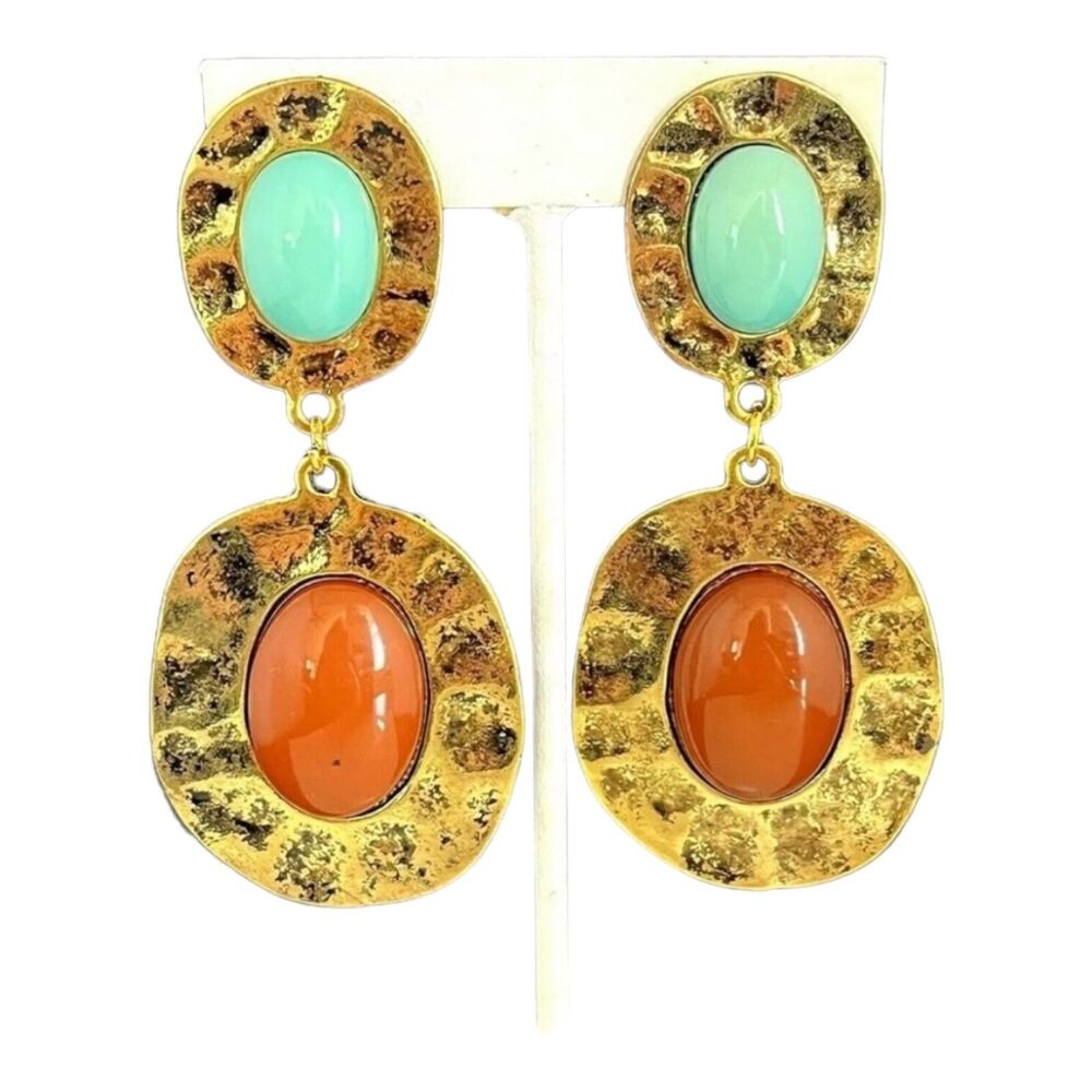 Vintage 1980s Clip Earrings Cabochon Hammered Gold Tone Dangle Statement - 6E